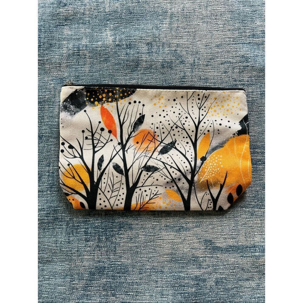 Cream Black Orange Tree Leaf Cotton Canvas Small Makeup Bag Travel Toiletry Bag
